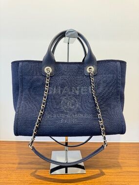 Chanel Navy Blue Mixed Fibers Small Deauville Tote Pre-Owned